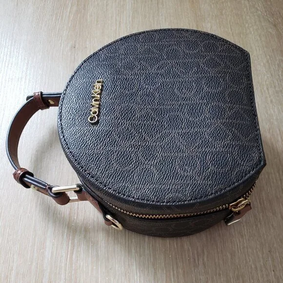 Calvin Klein Dark Brown Monogram Round Crossbody with Tan Handle - Picture 4 of 9